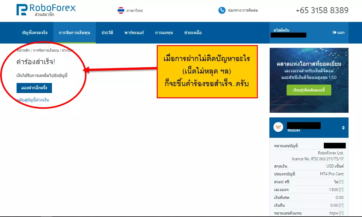 การฝากเงิน Roboforex ผ่านธนาคารไทยออนไลน์ 7 วิธีฝากเงิน Roboforex ผ่านธนาคารออนไลน์แบงค์กิ้ง >ตัวอย่างขั้นตอนการฝากที่สำเร็จ เงินเข้าพอร์ตลงทุน